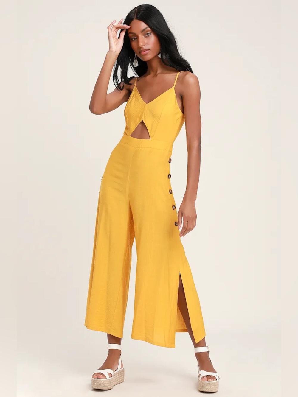 LULUs Mustard Yellow Tie-Back Cutout Culotte Jumpsuit